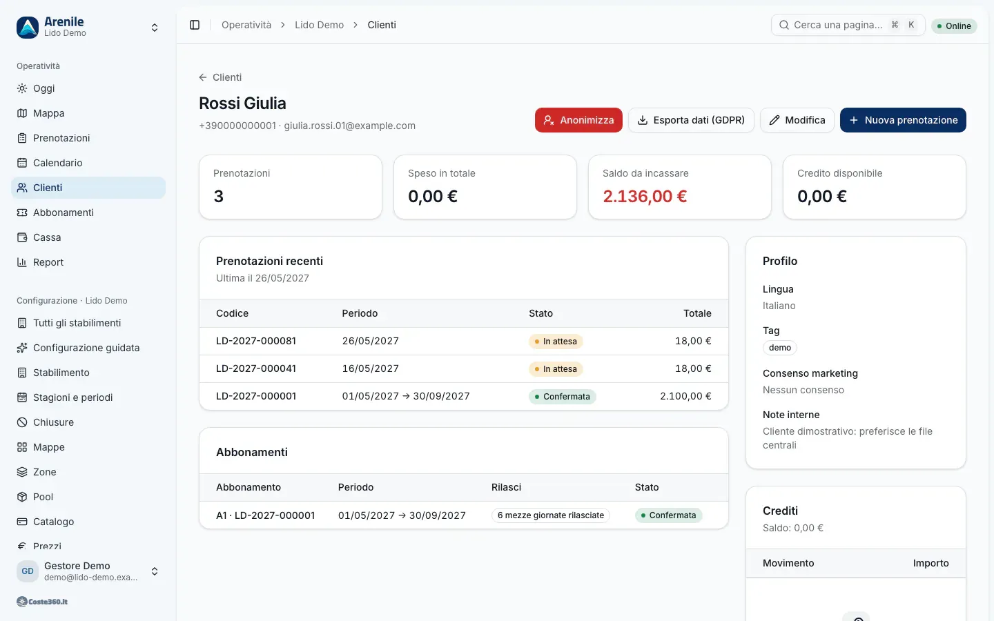 Scheda cliente con profilo, statistiche, prenotazioni, abbonamenti, crediti e azioni GDPR