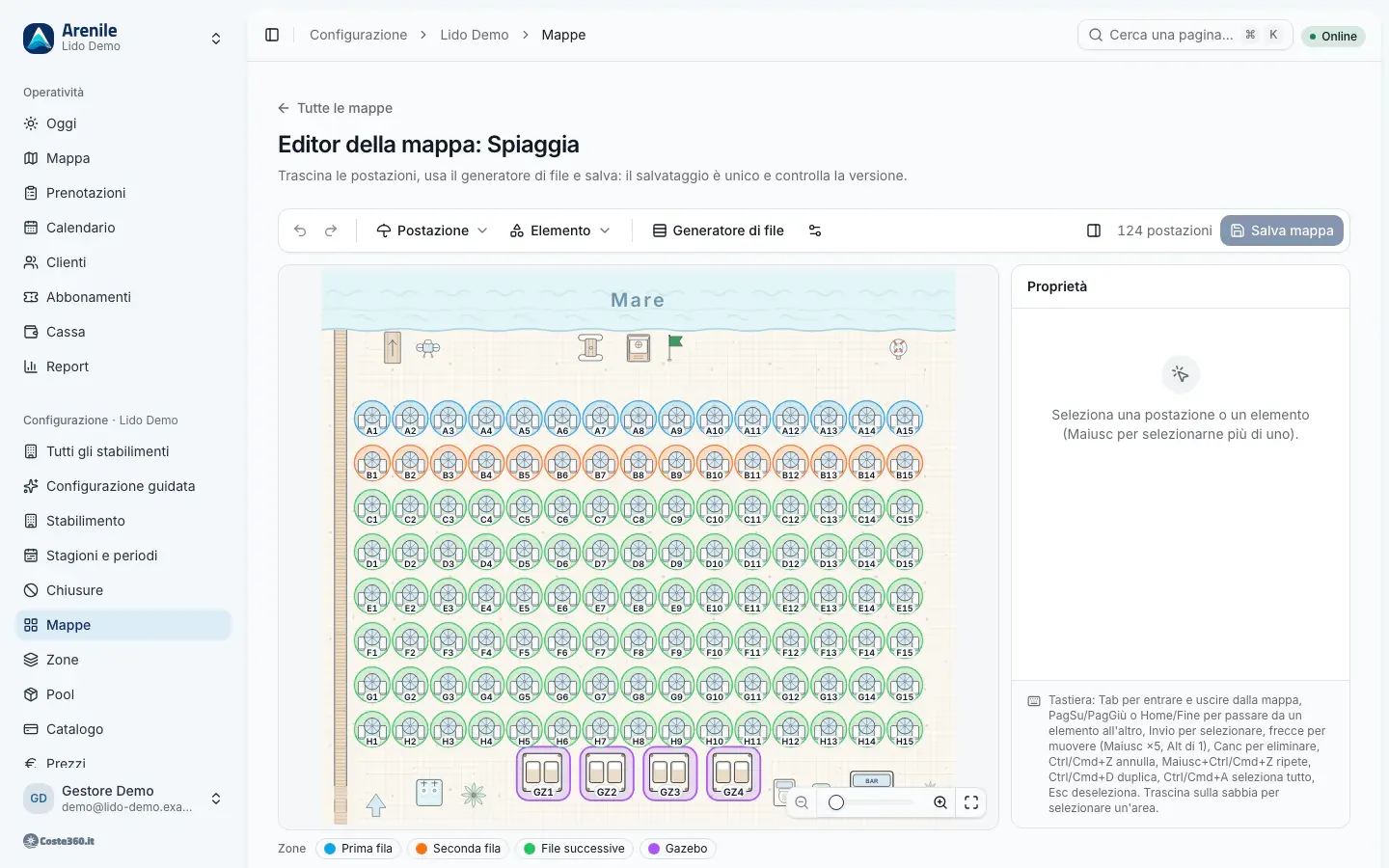 L’editor della mappa di Arenile con il kit di ombrelloni, lettini e passerelle e il comando che crea una fila intera
