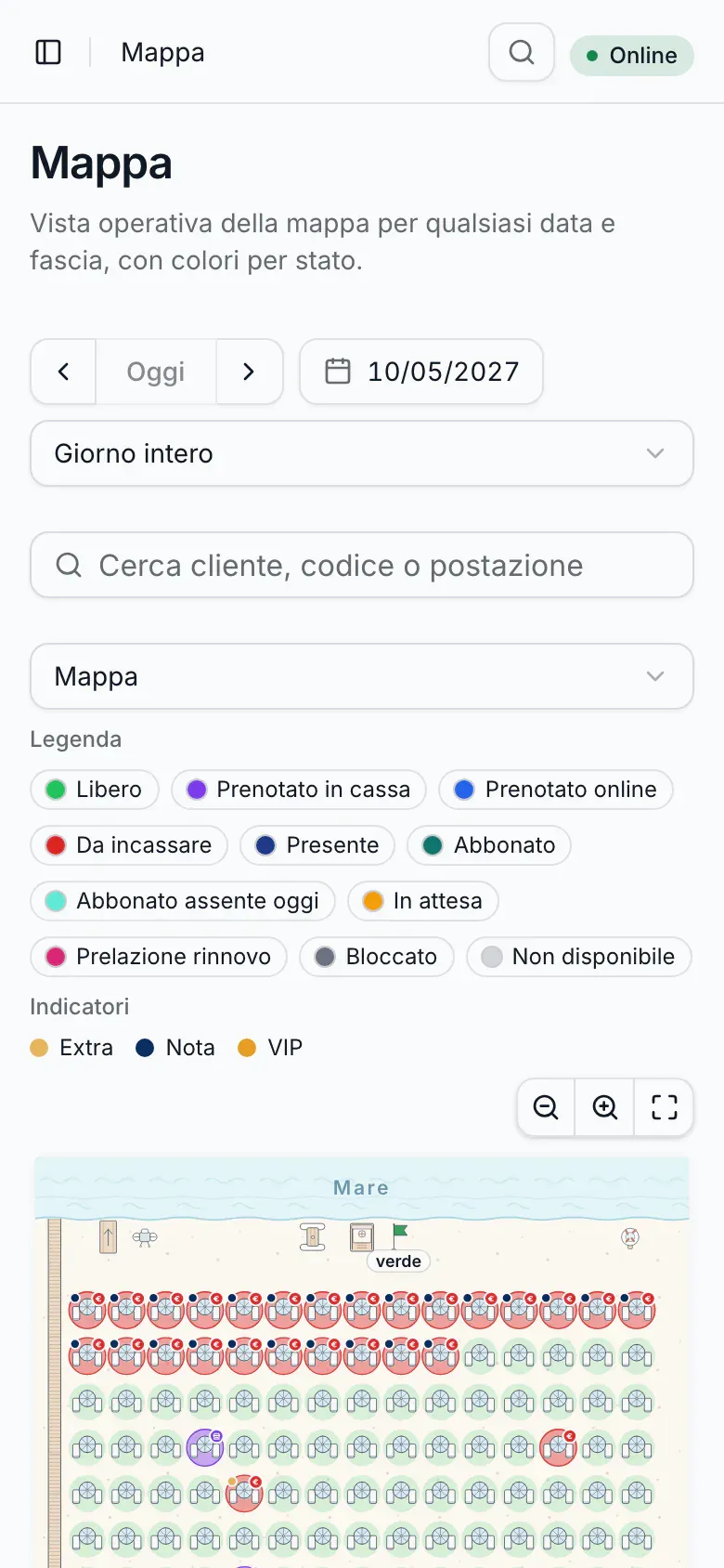 The day map with the card of one umbrella open: guest, dates, amount paid and balance