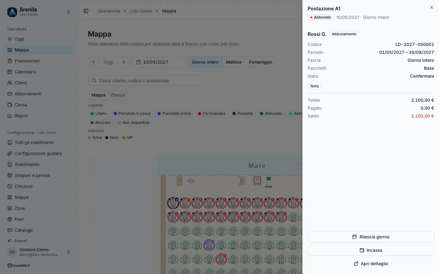 La mappa del giorno con la scheda di un ombrellone aperta: cliente, periodo, pagato e saldo