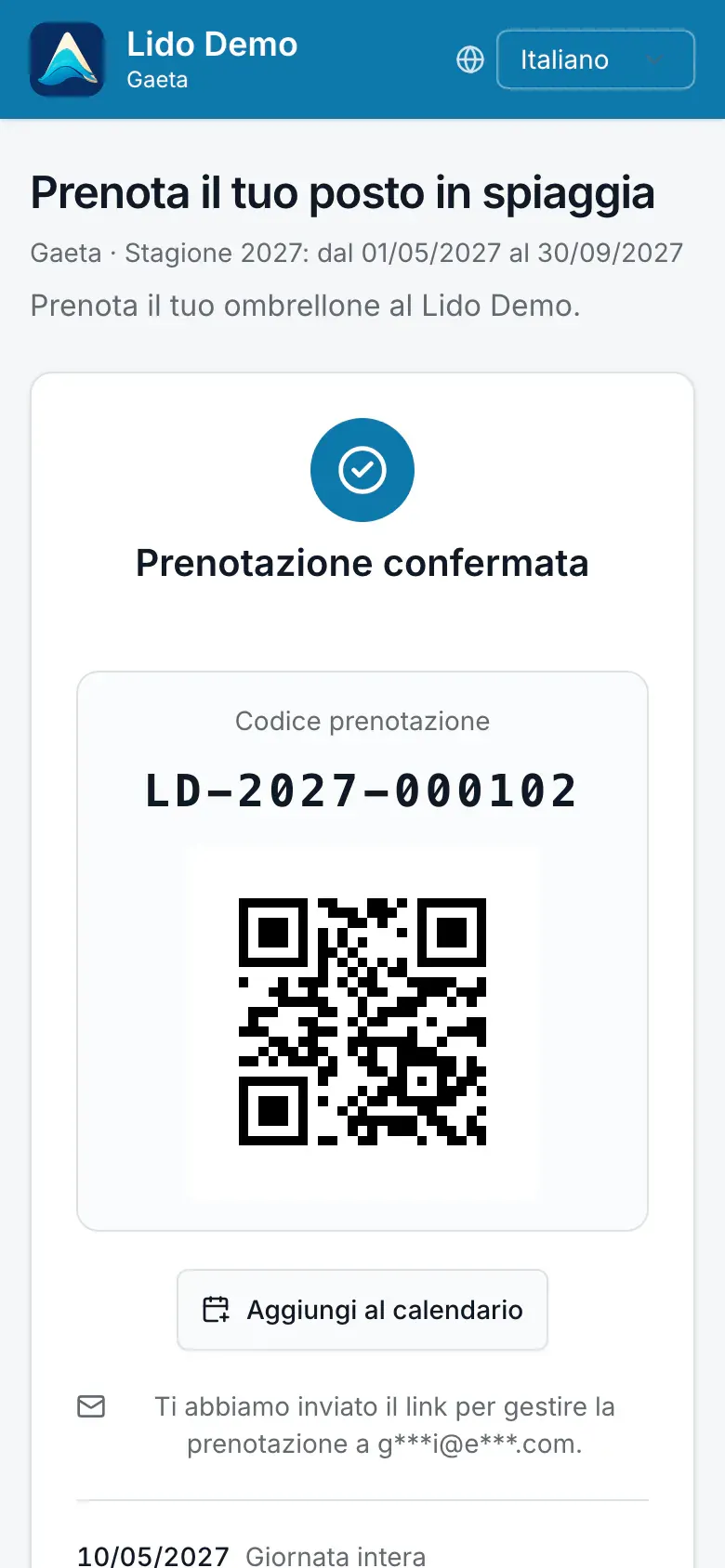 La conferma della prenotazione con il codice QR su uno smartphone