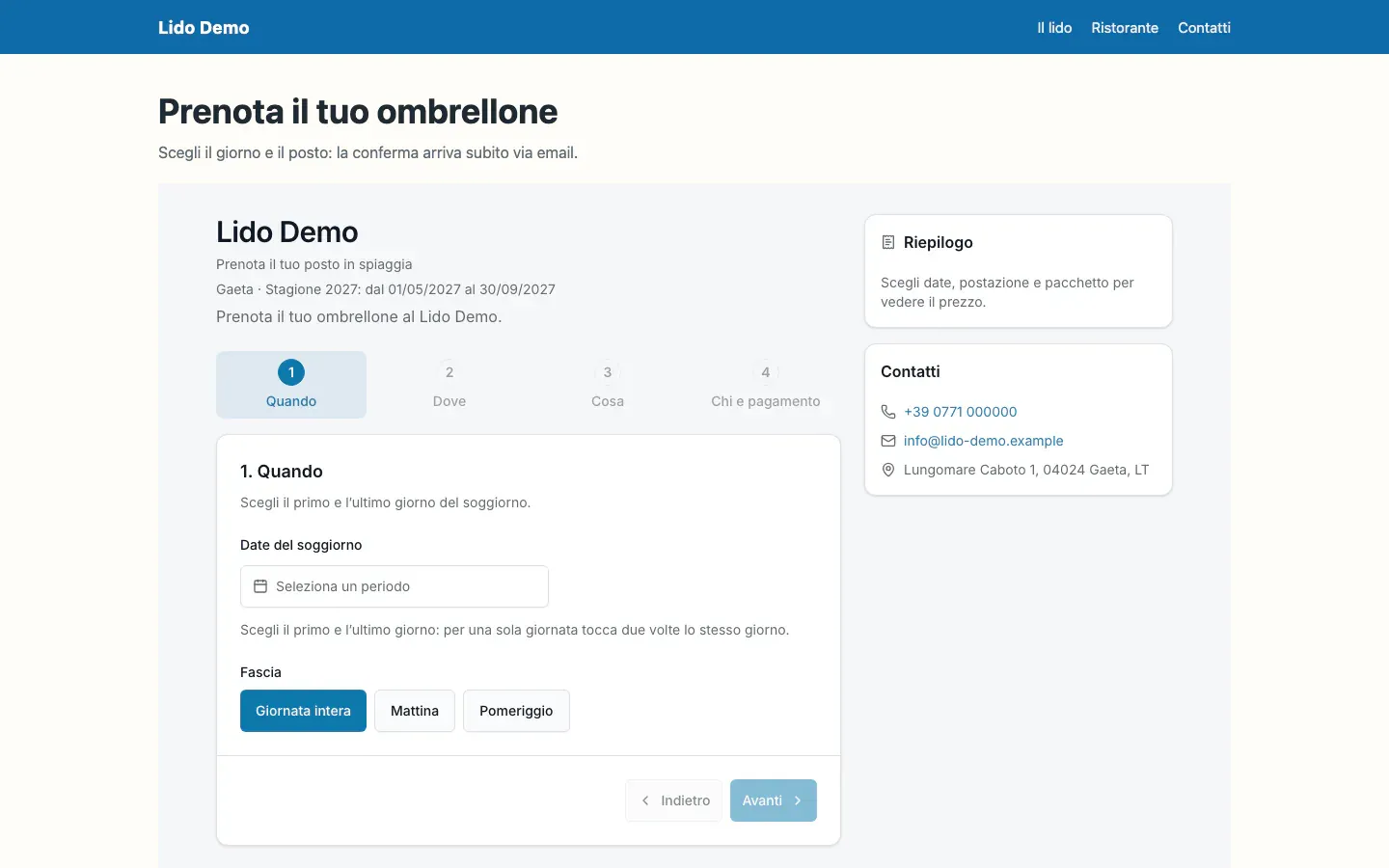 Il modulo di prenotazione di Arenile inserito nel sito del Lido Demo