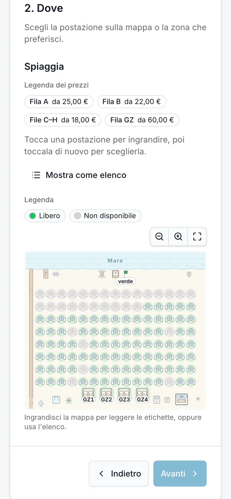 La scelta del posto sulla mappa dalla pagina di prenotazione, su uno smartphone